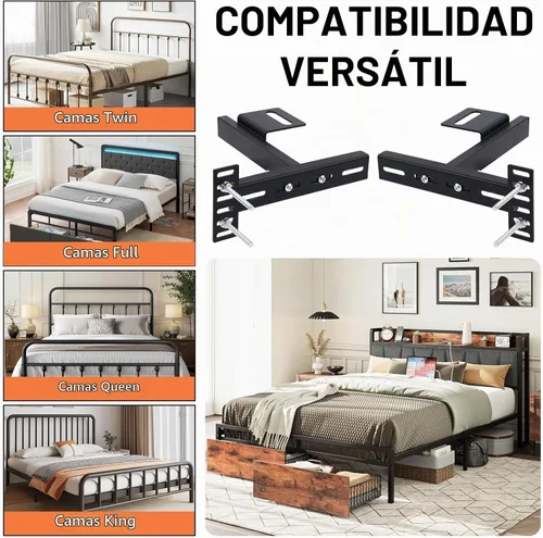 Vista 6 de Paquete de 2 soportes de cabecera ajustables para base de cama, kit de soportes de cabecera de metal para marco de cama, kit de extensión de estribo