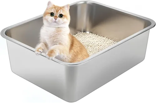 Vista 7 de Caja de arena de acero – Bandeja de arena de metal de alta cara para gatos, revestimiento de pintura negra que no se pela, interior y exterior