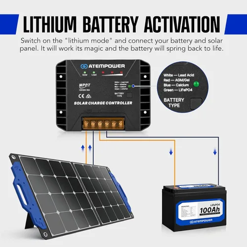 Vista 5 de ATEM POWER Controlador de carga solar MPPT de 20 A 12 V/24 V que selecciona el tipo de batería Activar batería de litio Controlador solar