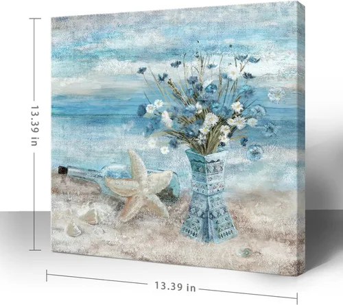 Vista 2 de Arte de pared para decoración de baño, imagen de playa azul, tema oceánico, impresión en lienzo de flores, pintura moderna de paisaje marino
