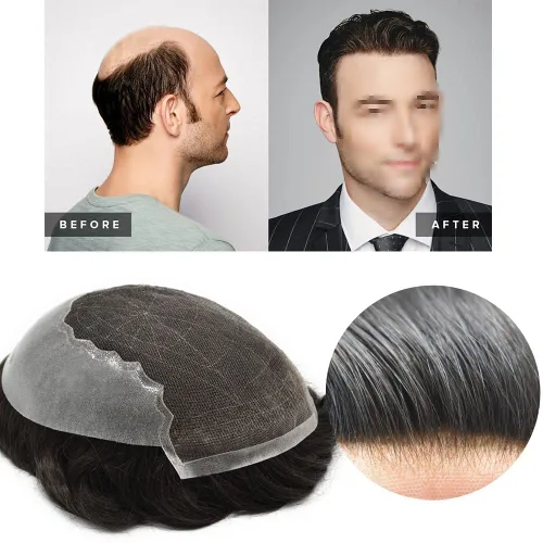 Vista 24 de Pieza de cabello para hombres suizo frente encaje frontal tupé europeo Remy sistema de reemplazo de cabello humano nudo blanqueado línea capilar