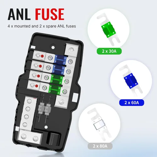 Vista 5 de Joinfworld Bloque de Distribución de Energía con Fusibles para Audio de Automóvil de 4 Vías MIDI (Mini-ANL) Bloque de Fusibles de 12V Calibre 0/4