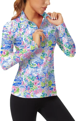 Vista 24 de WOWENY - Camiseta de manga larga con cremallera de 1/4 para mujer, con cuello, para hacer deporte, con estampado, para tenis Hoja multicolor.