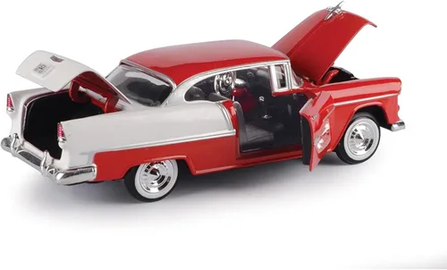 Vista 6 de 1955 Chevy Bel Air, rojo, escala 1/24 fundido a troquel modelo Toy Car Motormax 73229
