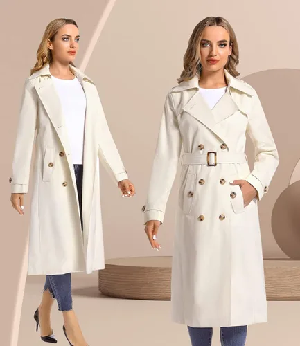 Vista 7 de poonyfesh Gabardina larga impermeable resistente al viento para mujer clásica con solapa de doble botonadura con capucha extraíble