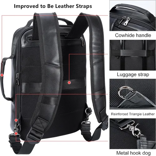 Vista 4 de Masa Kawa Mochila para portátil de cuero delgado de 15.6 pulgadas para hombre, maletín convertible, mochilas expandibles, color negro, bolsa