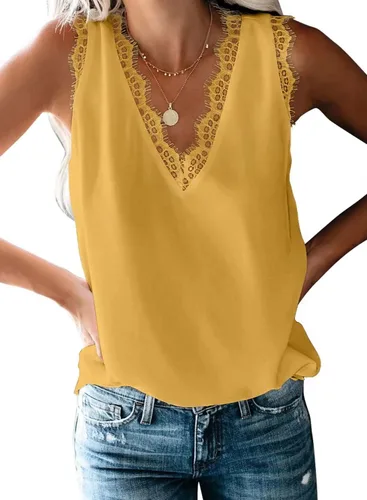 Vista 19 de BLENCOT Camiseta sin mangas con cuello en V para mujer, blusa de encaje, chaleco casual, camisola de verano Albaricoque