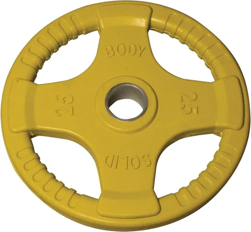 Vista 6 de Body-Solid Placa de goma con diseño de agarre cuádruple, discos de peso olímpicos con revestimiento de goma para levantamiento de pesas