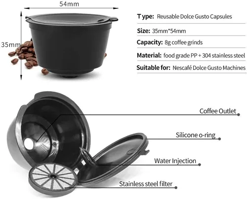 Vista 2 de 6 cápsulas de café recargables, filtro de café reutilizable con cuchara de café, cepillo (6 unidades, negro)