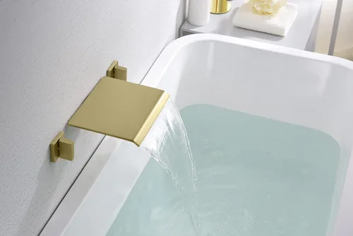 Vista 5 de SUMERAIN Grifo de bañera de cascada para montaje en pared con válvula, grifo de bañera cubierto en oro cepillado, llenador de bañera de 3 orificios