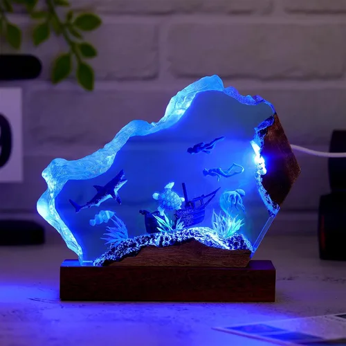 Vista 2 de Lámpara de luz multicolor de resina epoxi creativa del océano, hecha a mano, con forma de onda profunda, lámpara de océano acuático profundo