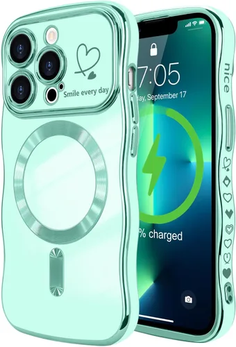 Vista 95 de LCHULLE - Funda magnética para iPhone 13 para mujeres y niñas, con forma ondulada, color azul bebé [Compatible with MagSafe] Cute Curly Wave, Love