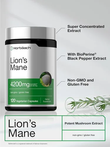 Vista 8 de Horbäach extracto de hongo melena de león 4200mg 120 cápsulas suplemento vegetariano, no transgénico, sin gluten
