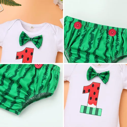 Vista 13 de Conjunto de 4 piezas de 3 piezas para bebé, diseño de sandía, para el primer cumpleaños, para tarta, de manga corta, pañales, con tirantes
