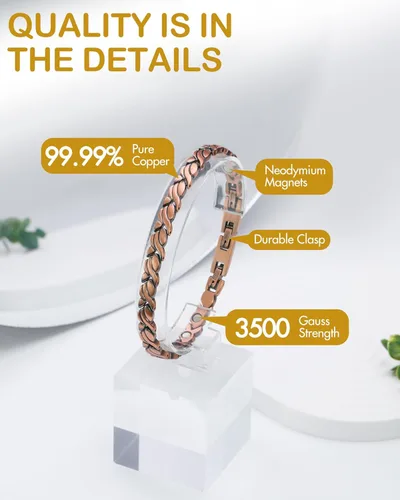 Vista 8 de Feraco Pulsera de cobre para hombre 3 veces más fuerza, 2 pulseras de terapia magnética de cobre con potentes imanes de 3800 Gauss, cierre plegable
