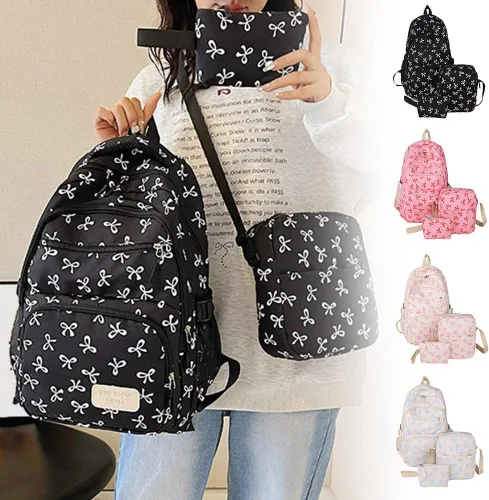 Vista 5 de Juego de 3 bolsas de mochila con lazo, lindo juego de mochila kawaii estética mochila con lazo con organizador integrado, Rosado, Tamaño único