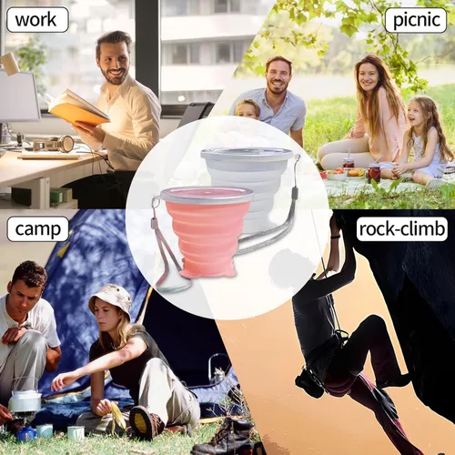 Vista 4 de Vasos plegables, de silicona, plegable, para viaje, expandible, con tapas, reutilizables, pequeñas, portátiles, para viajes, campamento, senderismo