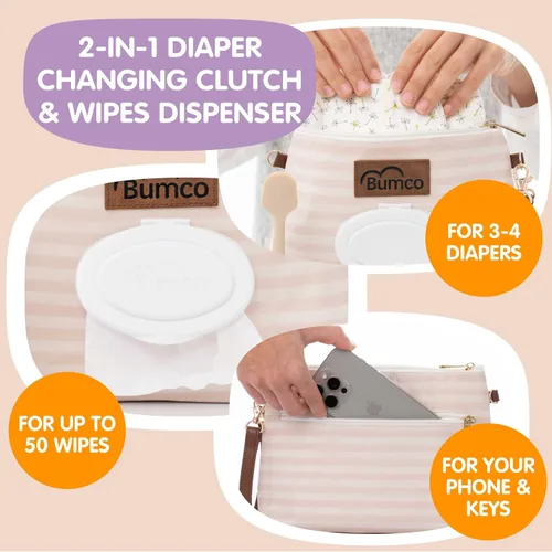 Vista 4 de Bumco - Bolsa de mano para pañales – Dispensador de toallitas portátil y soporte para pañales, estuche hermético de viaje para toallitas para bebés