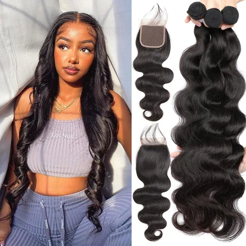 Vista 7 de Paquetes con extensiones de cabello ondulado con cierre (10 12 14+10, parte libre) cierre de encaje 4×4 con 3 paquetes 100% cabello humano virgen