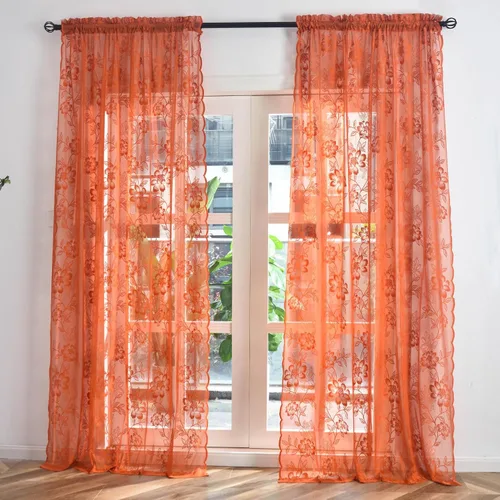 Vista 2 de FINECITY Cortinas traslúcidas naranja óxido de 72 pulgadas de largo para sala de estar, 2 paneles de cortinas de encaje transparente naranja Naranja