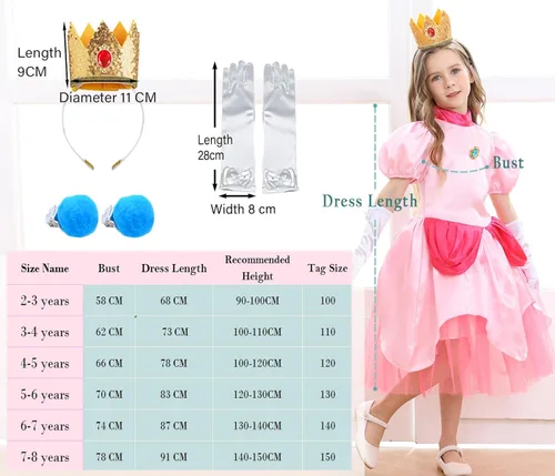 Vista 6 de Luzlen Disfraz de princesa melocotón para niñas, vestido de princesa de Super Brothers, disfraz rosa para Halloween y cosplay