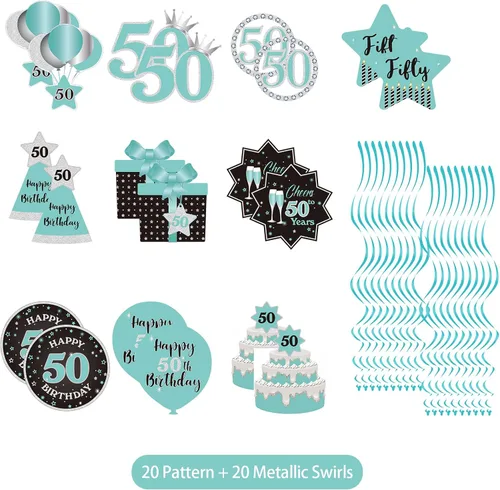 Vista 2 de Decoración de techo con diseño de remolinos colgantes para fiesta de cumpleaños número 50, decoración de 50 años, espirales colgantes de papel