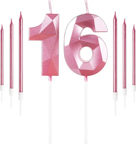 Vista 52 de Vela rosa de cumpleaños número 1 con 6 velas largas, decoraciones de decoración de pastel para fiesta de niña de 1 año, suministros de celebración