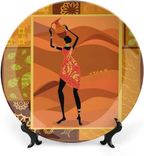 Vista 13 de Plato decorativo de 6 pulgadas, plato de vajilla de mujer africana, boceto de mujeres locales con jarras de cerámica con estampado tribal