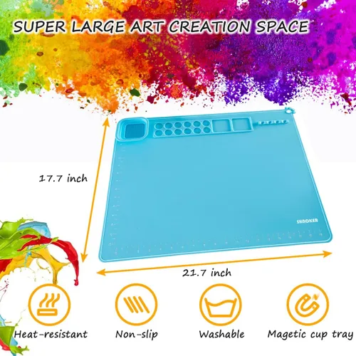 Vista 3 de SHNOKER Tapete de silicona para manualidades de 21.7 x 17.7 pulgadas, tapete de pintura de silicona súper grande con 1 taza magnética y paleta