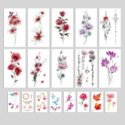 Vista 9 de Tatuaje temporal impermeable de 10 brazos rosa rojo rosa rosa flor grúa palabras + 7 hojas de cuello lindo hoja de nube