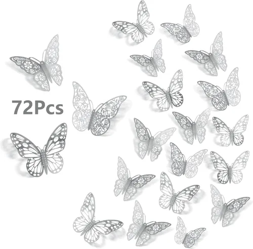 Vista 15 de Calcomanías de pared de mariposa 3D, 72 unidades, 3 tamaños, 3 estilos, calcomanías de pared metálicas extraíbles, calcomanías de pared para nevera