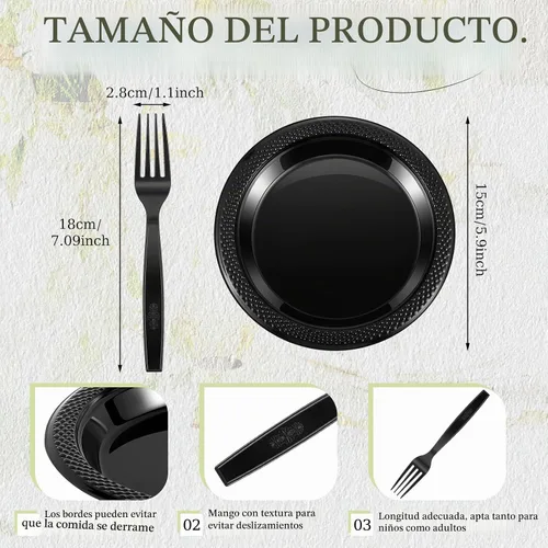 Vista 2 de Hushee 600 platos de postre de plástico negro de 6 pulgadas con tenedores de 7 pulgadas para aperitivo de pastel, 300 platos pequeños desechables