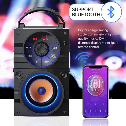 Vista 2 de Altavoz Bluetooth portátil con subwoofer, altavoces inalámbricos, para exteriores/interiores, gran soporte, control remoto, radio FM, tarjeta TF