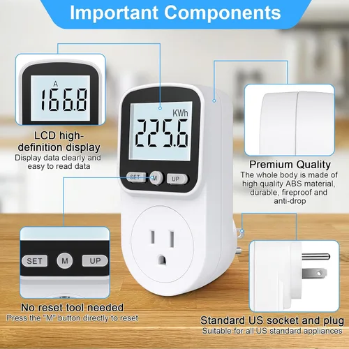 Vista 4 de Medidor de vatios mejorado, medidor de potencia, monitor de energía para el hogar, monitor de uso eléctrico, medidor de voltaje de energía