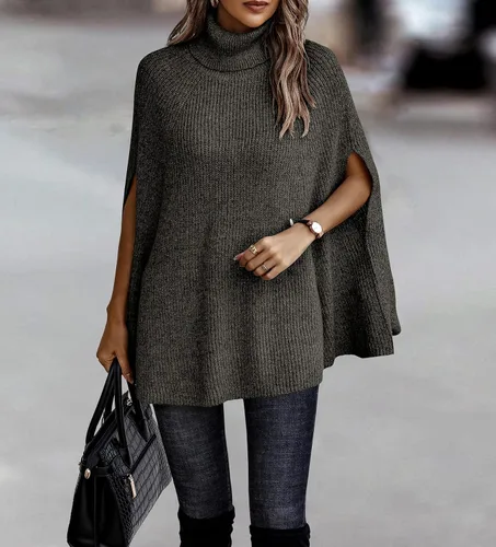 Vista 4 de KIRUNDO 2023 - Suéter tipo poncho de cuello alto para mujer, suéter de punto grueso a la moda, suéter de punto envolvente, suéter sin botones