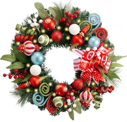 Vista 10 de Valery Madelyn 24" Pre-Lit Large Christmas Wreath for Front Door with Light Corona de Navidad plegable iluminada para exteriores con bolas de Oro