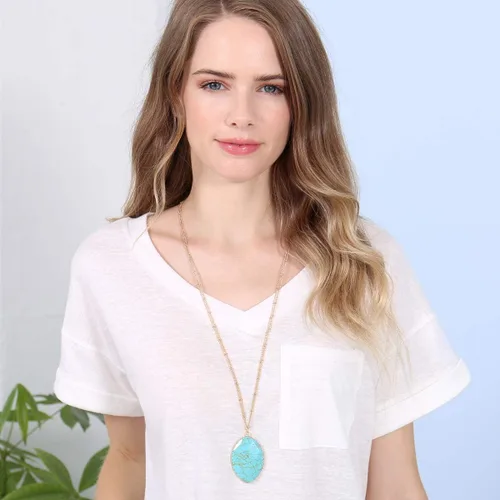 Vista 2 de RIAH FASHION Collar largo con colgante de piedra natural bohemia, dije de lágrima de cadena con dije bohemio, drusa de piedra cruda ovalada, cuarzo