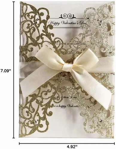 Vista 8 de AdasBridal 50 tarjetas de invitación de boda cortadas con láser con estampado floral, con sobre, hoja interior en blanco y cinta para boda Dorado