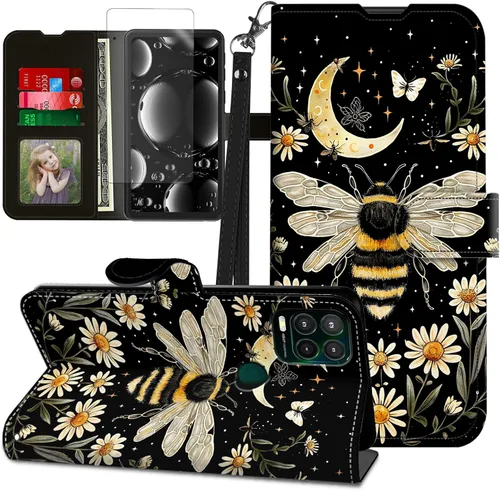 Vista 362 de Funda para Motorola Edge 2022 con protector de pantalla, soporte y tarjetero y correa para la muñeca, funda magnética para Moto Edge 2022 5G UW Lobo