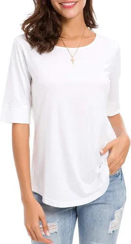 Vista 3 de Camisetas casuales de algodón de manga media para mujer, camisetas básicas de verano a la moda
