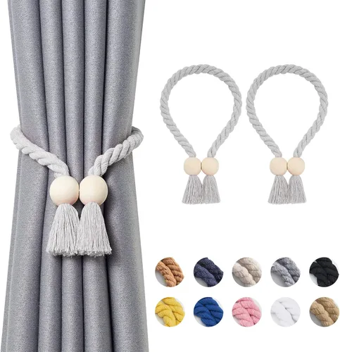 Vista 40 de NICEEC 2 Pack de Alzapaños Magnéticos de Madera en Forma de Cubo Boho para Decoración del Hogar, Alzapaños de Lino Tejidos a Mano para Cortinas Beige