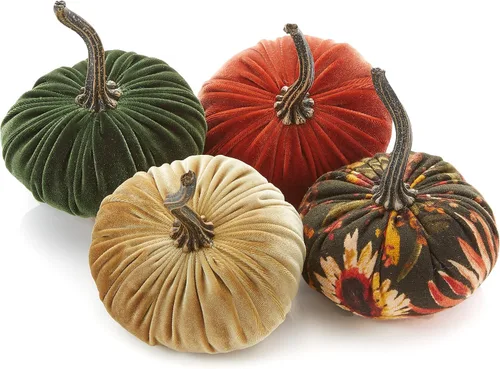 Vista 14 de Juego de 4 pequeñas calabazas de franela de terciopelo y algodón, decoración a cuadros de búfalo blanco y negro, estantes de calabaza negra