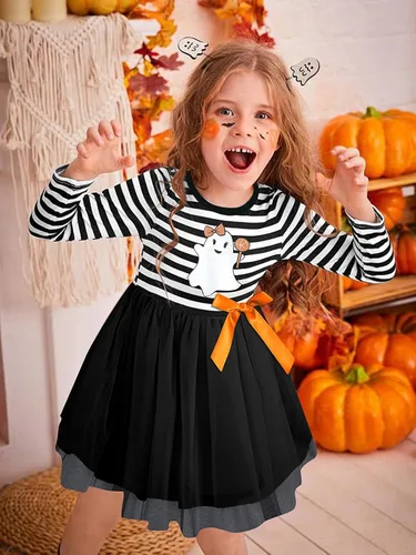 Vista 3 de Vieille Vestido de tul de Halloween para niñas pequeñas, de manga larga, calabaza, princesa, fiesta, faldas a rayas, ropa de 2 a 6 años