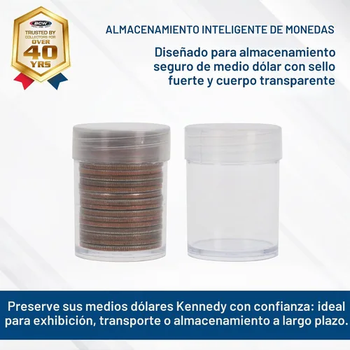 Vista 2 de BCW Tubos de monedas de medio dólar para Kennedy Half Dollars, herméticos