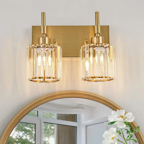 Vista 7 de Lámparas de baño doradas, 2 lámparas de tocador de cristal para baño, luces modernas de latón sobre espejo