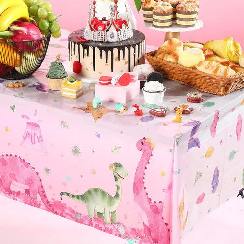 Vista 6 de Irenare 3 manteles de dinosaurio rosa para niñas, fundas de mesa rectangulares desechables de plástico con estampado de dinosaurios para niñas