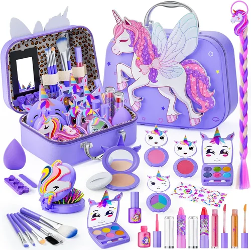 Vista 8 de Beayuck Kit de maquillaje infantil para niñas, kit de maquillaje para niñas, juego de cosméticos lavables reales con estuche de almacenamiento Rosa