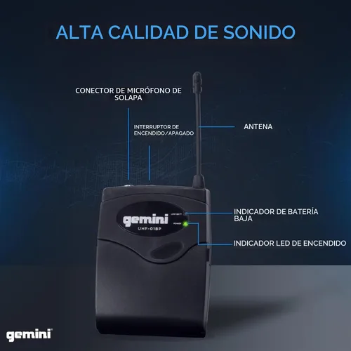 Vista 3 de Gemini Auriculares UHF de doble canal y sistema de micrófono de solapa