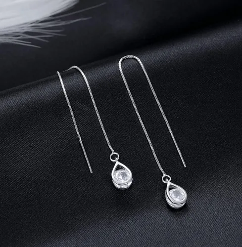 Vista 5 de Reffeer Solid 925 Sterling Silver CZ Droplet Chain Dangle Earrings for Women Teen Girls Tassel Dangle Earrings Threader A-Plata