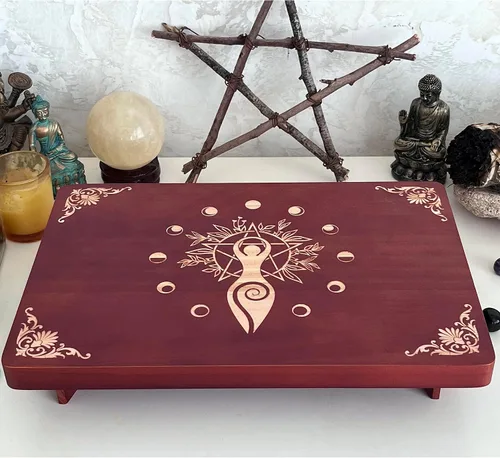Vista 12 de Mesa de altar, mesa de meditación, mesa de altar pequeña, altar de bruja de madera, mesa de altar wiccana, santuario budista, pentáculo de bruja